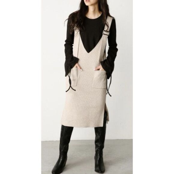 MOUSSY RIB KNIT JUMPER Sweater Overalls Dress Tan Women’s S/M/L Free Size - Picture 1 of 16